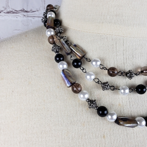 Laila Rowe Multi Strand Shell Glass Pearl Beaded Necklace Adjustable Silver Tone - Picture 6 of 10